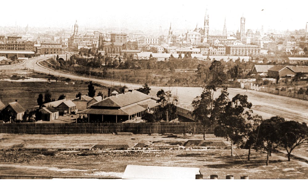 Panoramic view looking north along St Kilda Road in 1865