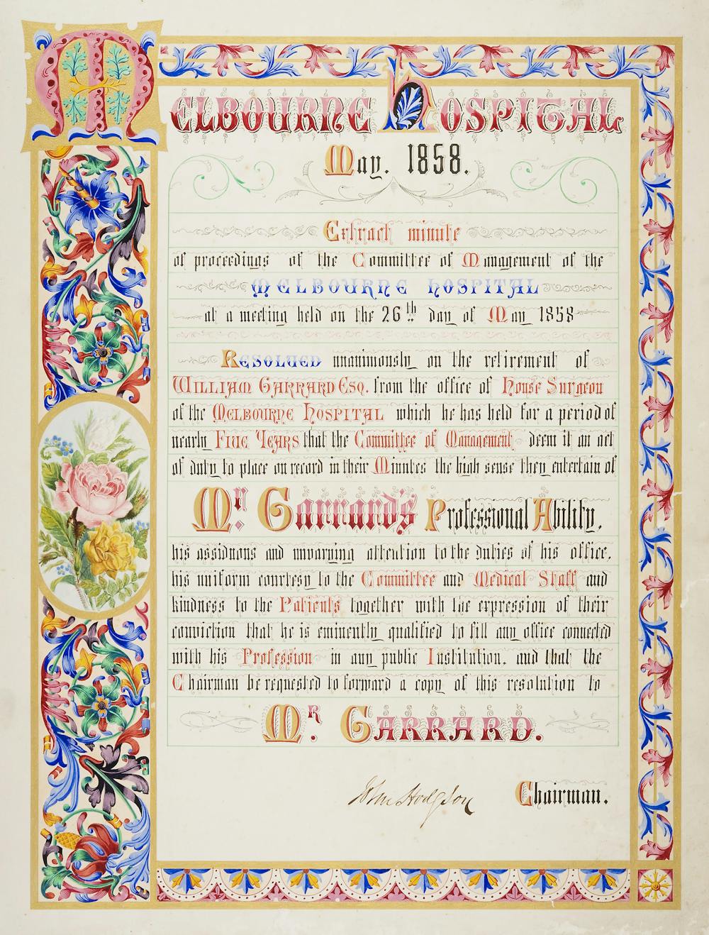Melbourne Hospital Certificate of Service from 1858 for William Garrard