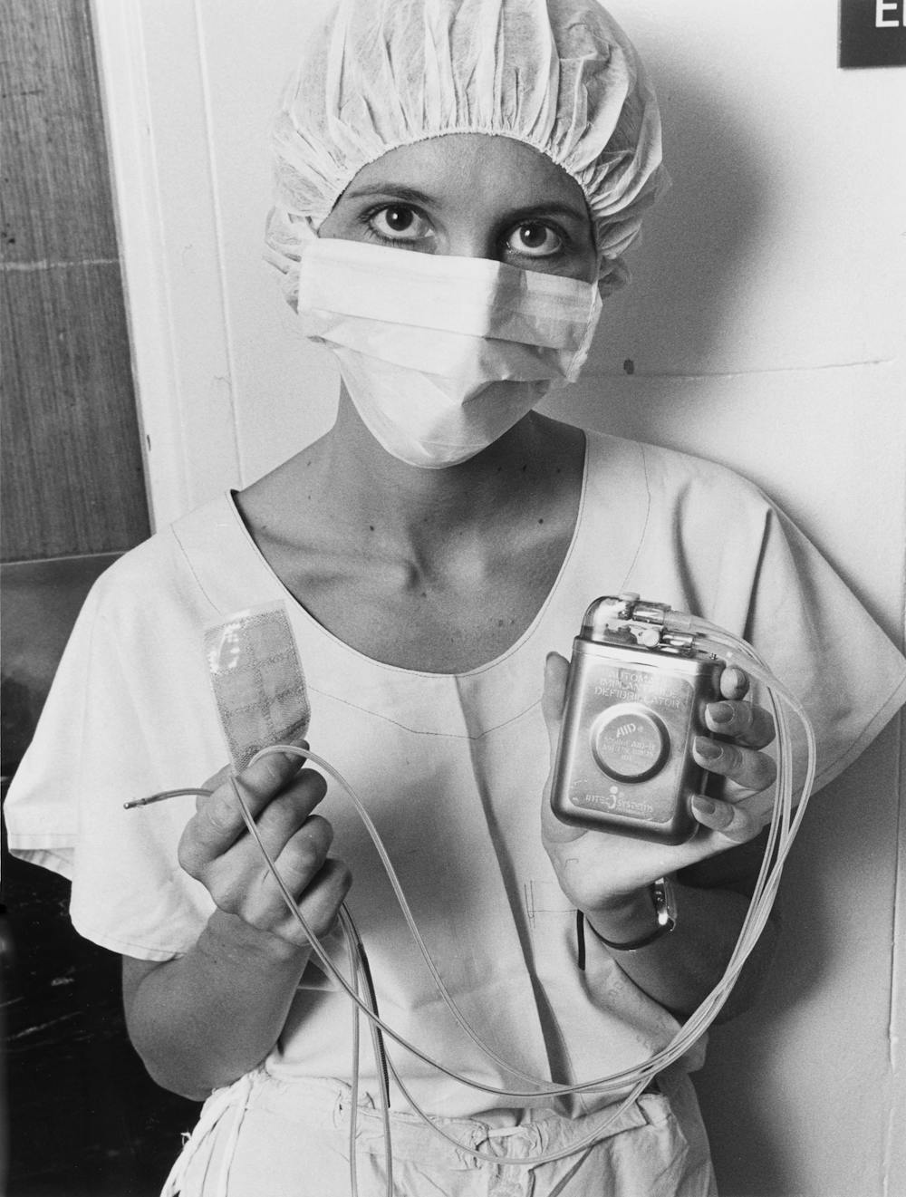 Theatre nurse with Automatic Implantable Cardioverter Defibrillator device 1984