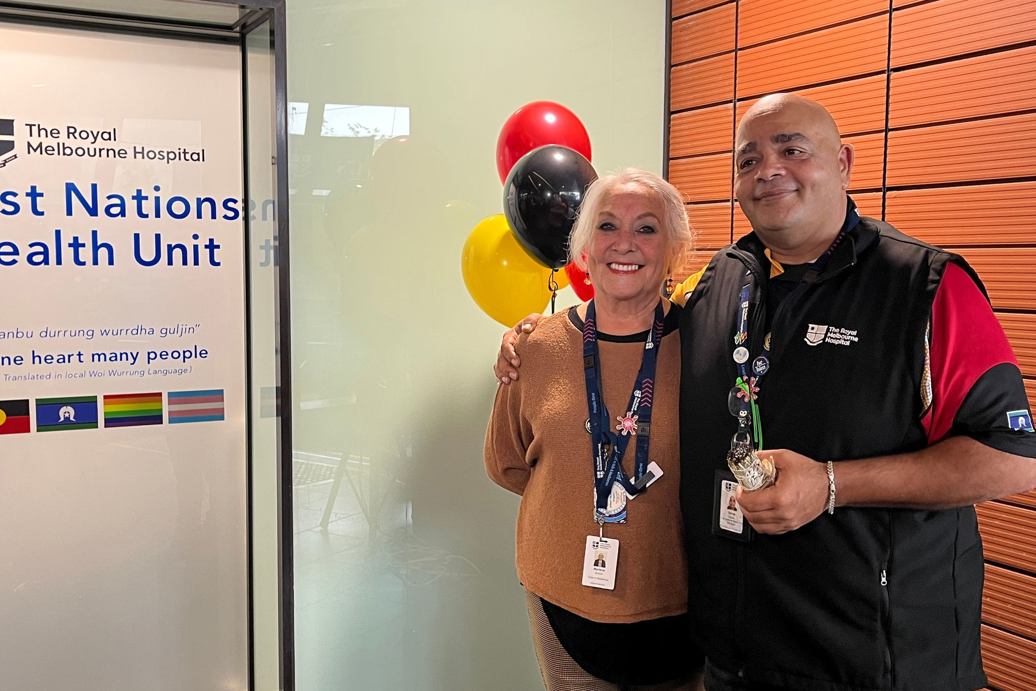 Aunty Marl and Steve Portelli outside the First Nations Health Unit