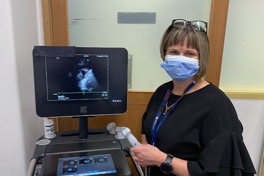 Cardiac Research Nurse Coordinator Lynda Tivendale with mobile ultrasound device