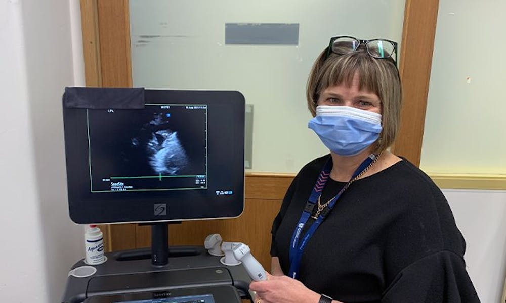 Cardiac Research Nurse Coordinator Lynda Tivendale with mobile ultrasound device