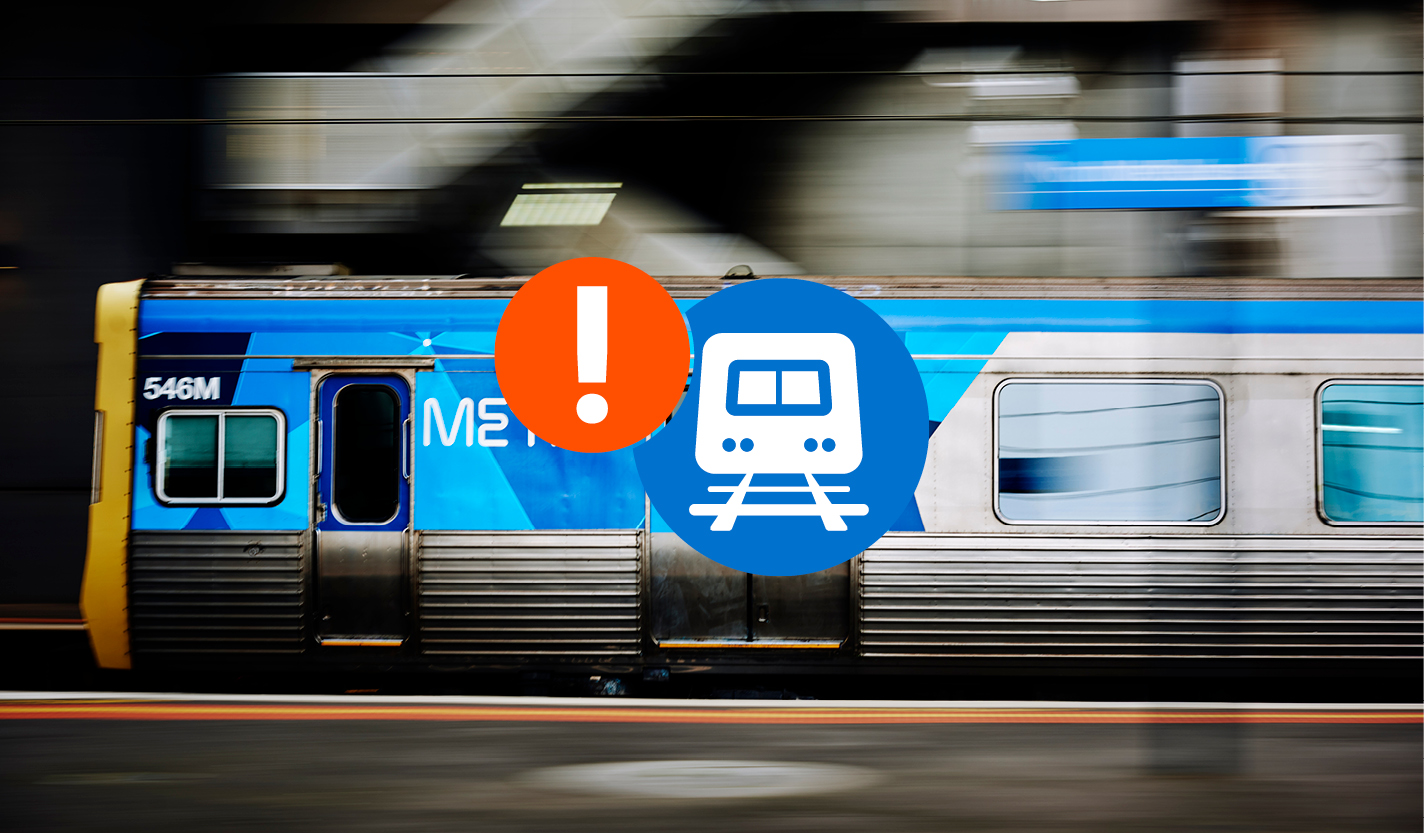 Metro train with red alert icon and PTV train icon overlay