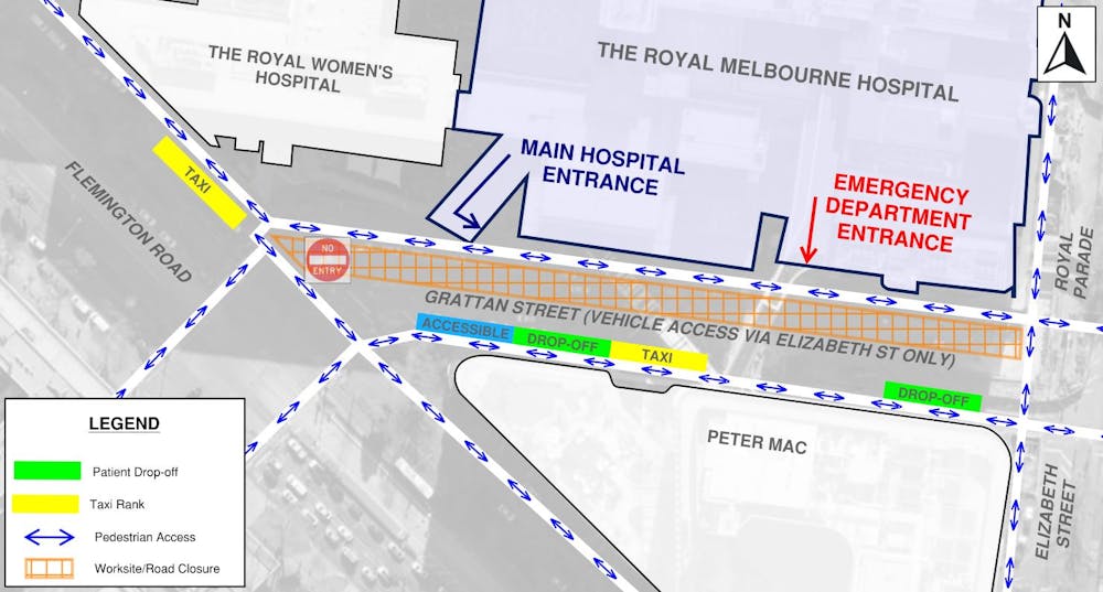 Metro Tunnel works map showing restrictions to traffic flow and locations of pick up and drop off parking