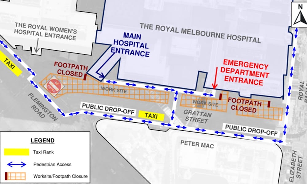 Map showing pedestrian path to emergency from Peter Mac side of Grattan Street