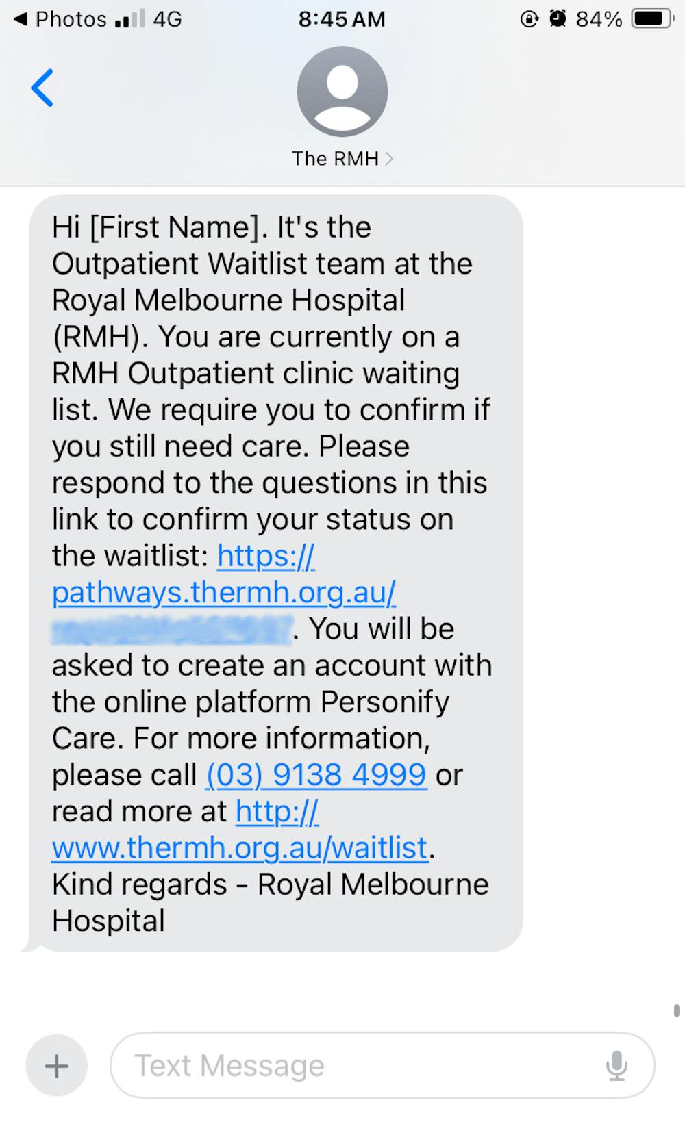 Specialist Clinics (outpatients) waitlist confirmation text message