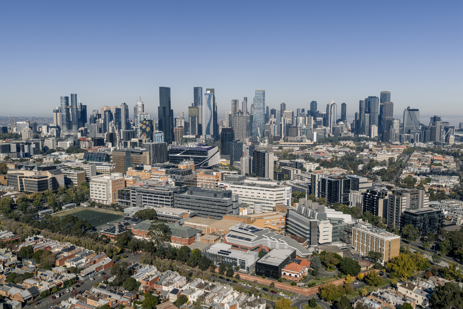 Parkville Precinct and Melbourne skyline from drone 2026